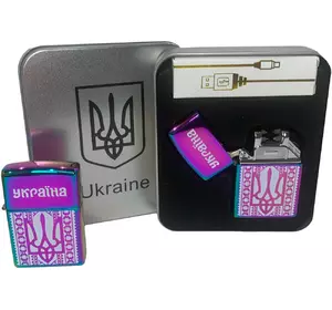Дугова електроімпульсна USB запальничка ⚡️Герб України (металева коробка) HL-444-Rainbow