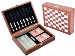 Ігровий набір шахи/доміно/карти (2 колоди)/кістки, дерев'яна коробка №2516D