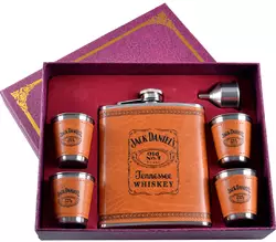 Подарунковий набір 6в1 фляга (обтягнута шкірою), 4 чарки, лійка 'Jack Daniels' TZ-7 Світлий