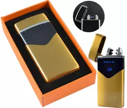 Електроімпульсна USB Запальничка подарункова дві блискавки, індикатор заряду HL-223 Gold Wire Drawing