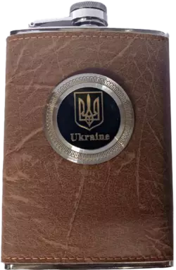 Фляга з харчової нержавіючої сталі (256 мл) обтягнута шкірою Ukraine ???????? TB-9 коричнева