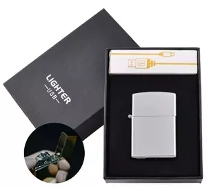 Електроімпульсна запальничка в подарунковій упаковці Lighter (Подвійна блискавка, USB) №HL-6 Silver
