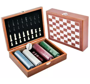 Ігровий набір шахи/покерні фішки/кістки, дерев'яна коробка №2518C
