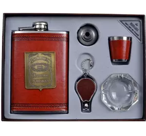 Подарунковий набір з флягою для чоловіків Jack Daniels шкіра+набійка (фляга,брелок,попільничка,стопка,лійка) AL701